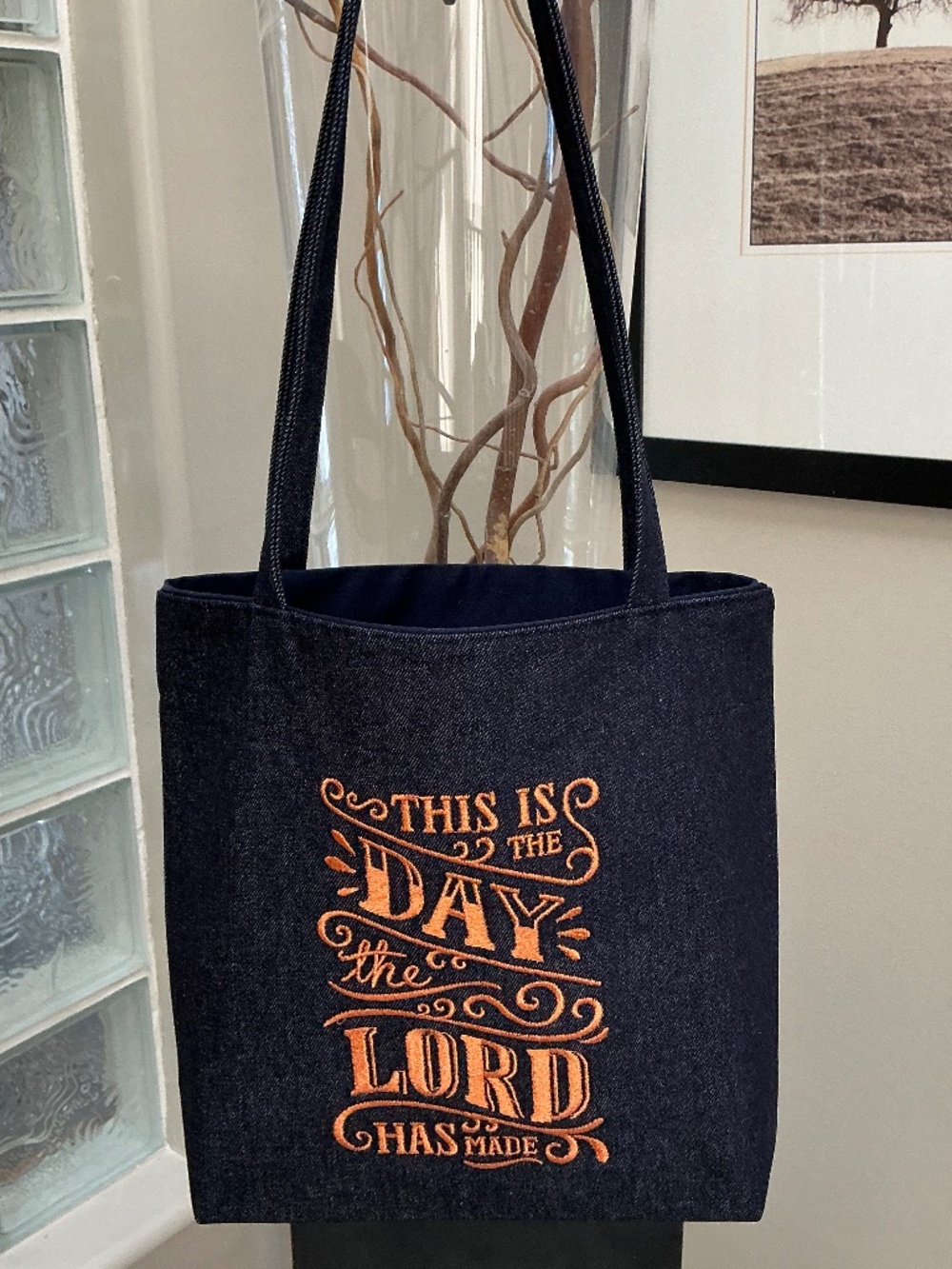 Tote Bag. Religious Spiritual Custom Made in Canada. Navy Denim.